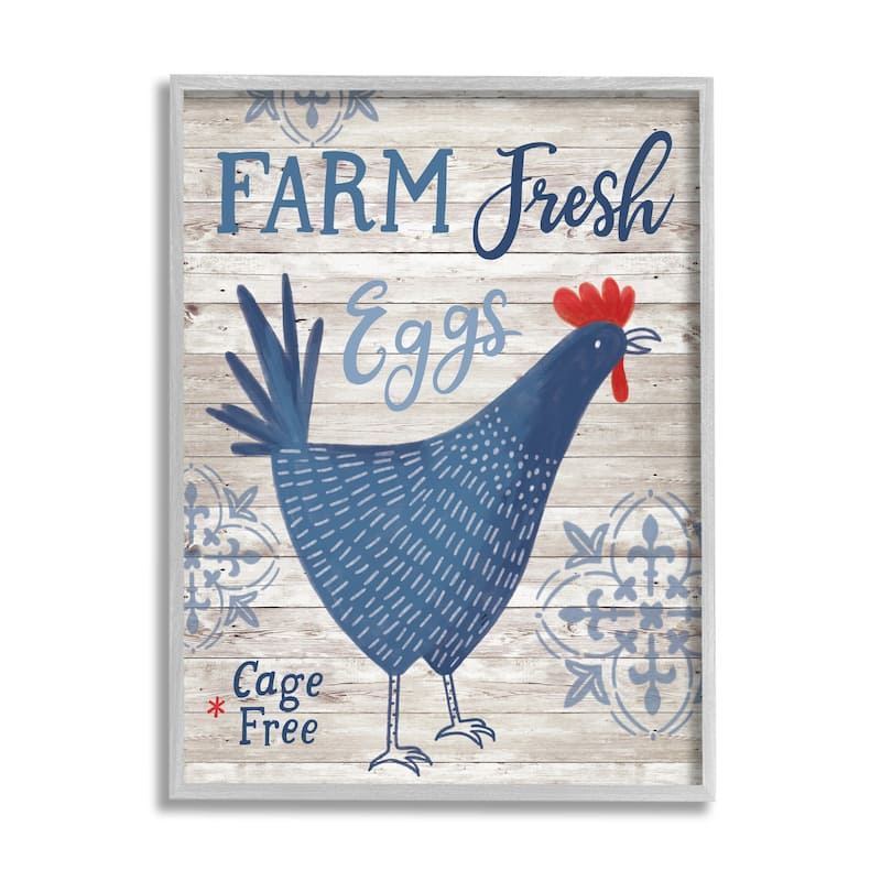 Stupell Farm Fresh Eggs Blue Rustic Chicken Planked Pattern Framed Wall Art, Design by Nina Seven - 16 x 20 - Grey
