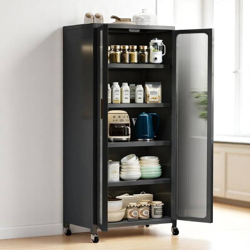 6-Tier Metal Pantry Cabinet with Transparent Doors and Wheels, Freestanding Kitchen Storage Organizer