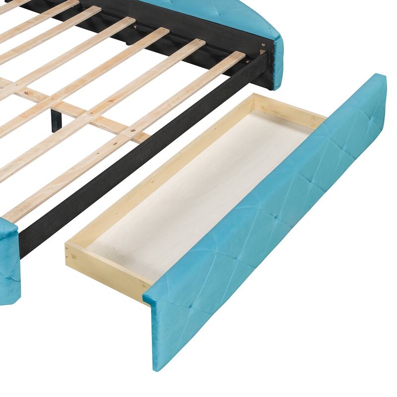 Upholstered Platform Bed Queen Size Storage Velvet Bed with Wingback Headboard and 1 Big Drawer,2 Side Storage Stool