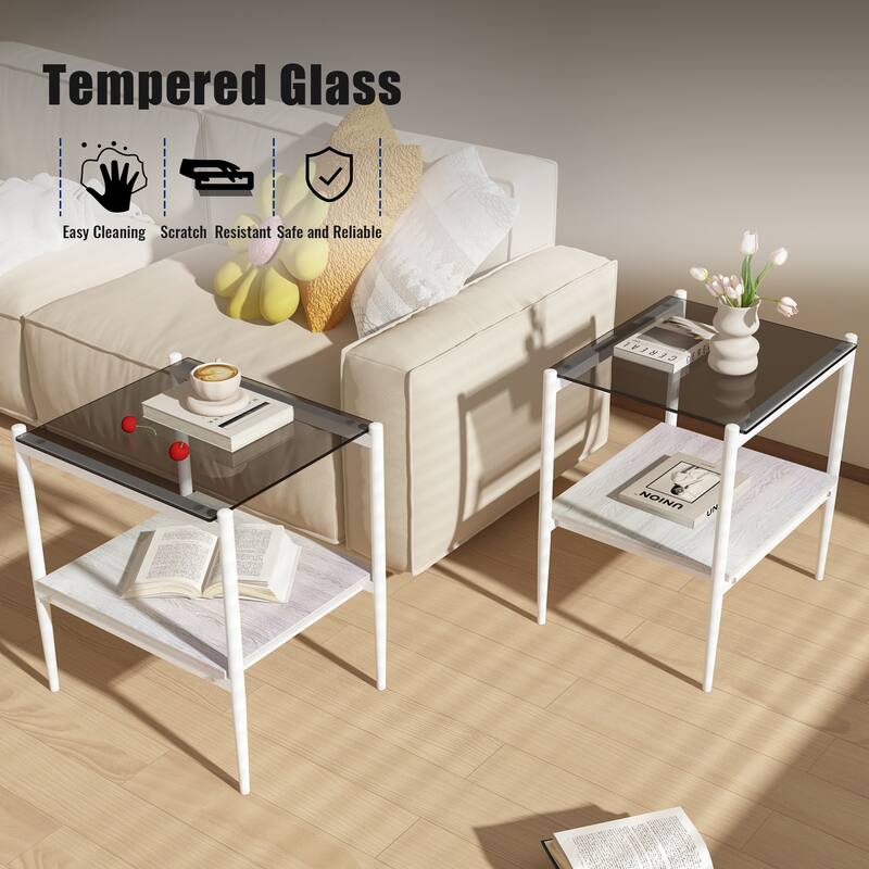 Set of 2 Rectangle End Table Tempered Glass Tabletop with MDF layer