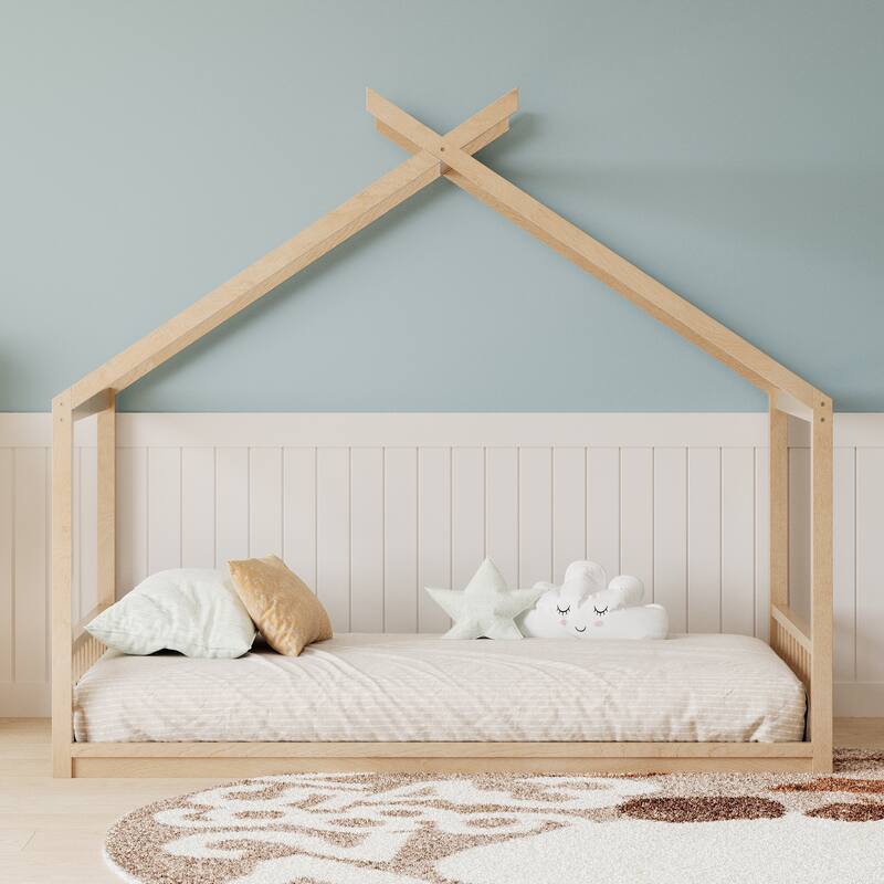 Montessori Style Wooden Floor Bed with Roof, Low Frame and Guardrails, Cozy Playhouse Look