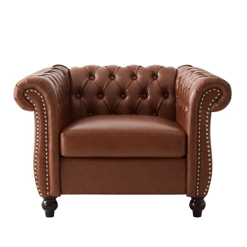 Chesterfield Accent Chairs, Faux Leather Club Chair, Button Tufted Single Sofa Chair with Nailhead Trim, Rolled Arms