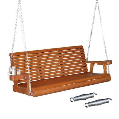 Brown Wood Porch Swing with Cup Holders and Phone Slot - N/A