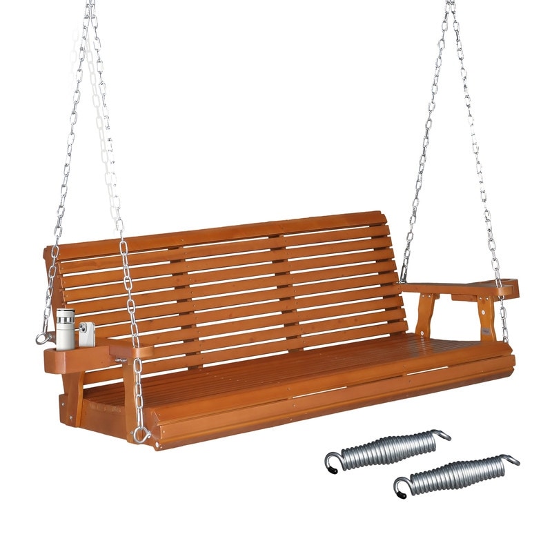 Brown Wood Porch Swing with Cup Holders and Phone Slot - N/A