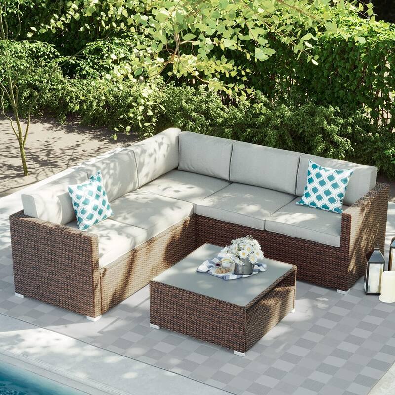 4-Piece Patio Conversation Set Patio Furniture Set With Thick Cushions,Outdoor Sectional Sofa Outdoor Wicker Sofa W Coffee Table