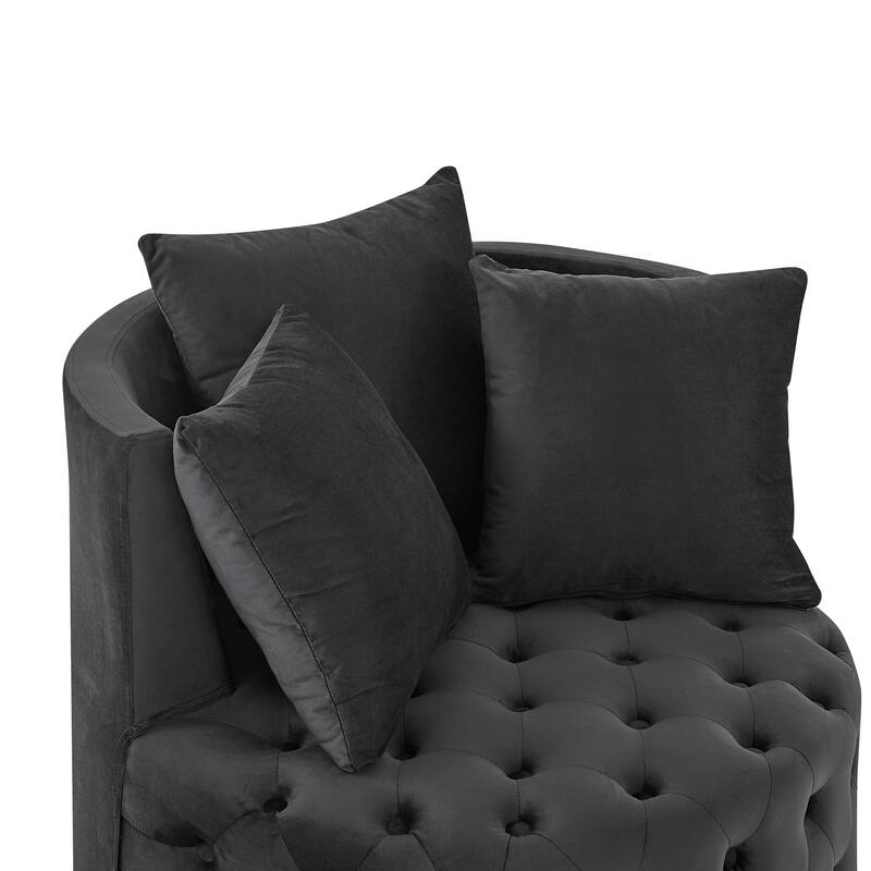Roomfitters Velvet Swivel Chair with Tufted Button Design, Round Accent Chair with 3 Pillows and Wheels, Lounge Seating