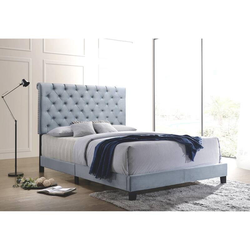 Modern Elegant Button Tufted Design Blue Velvet Upholstered Bed