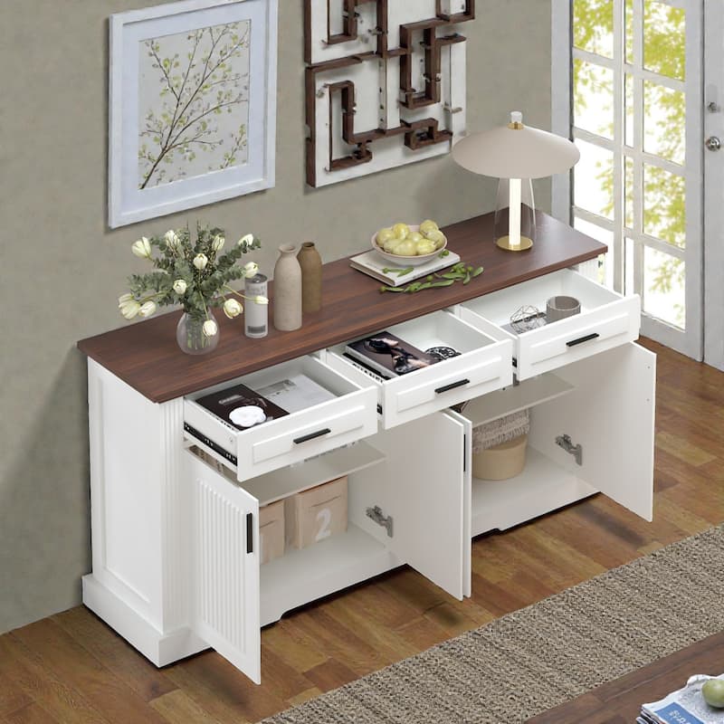 63 Inch Fluted Sideboard Buffet Cabinet with Storage, 4 Doors 3 Drawers Coffee Bar Console for Dining Room
