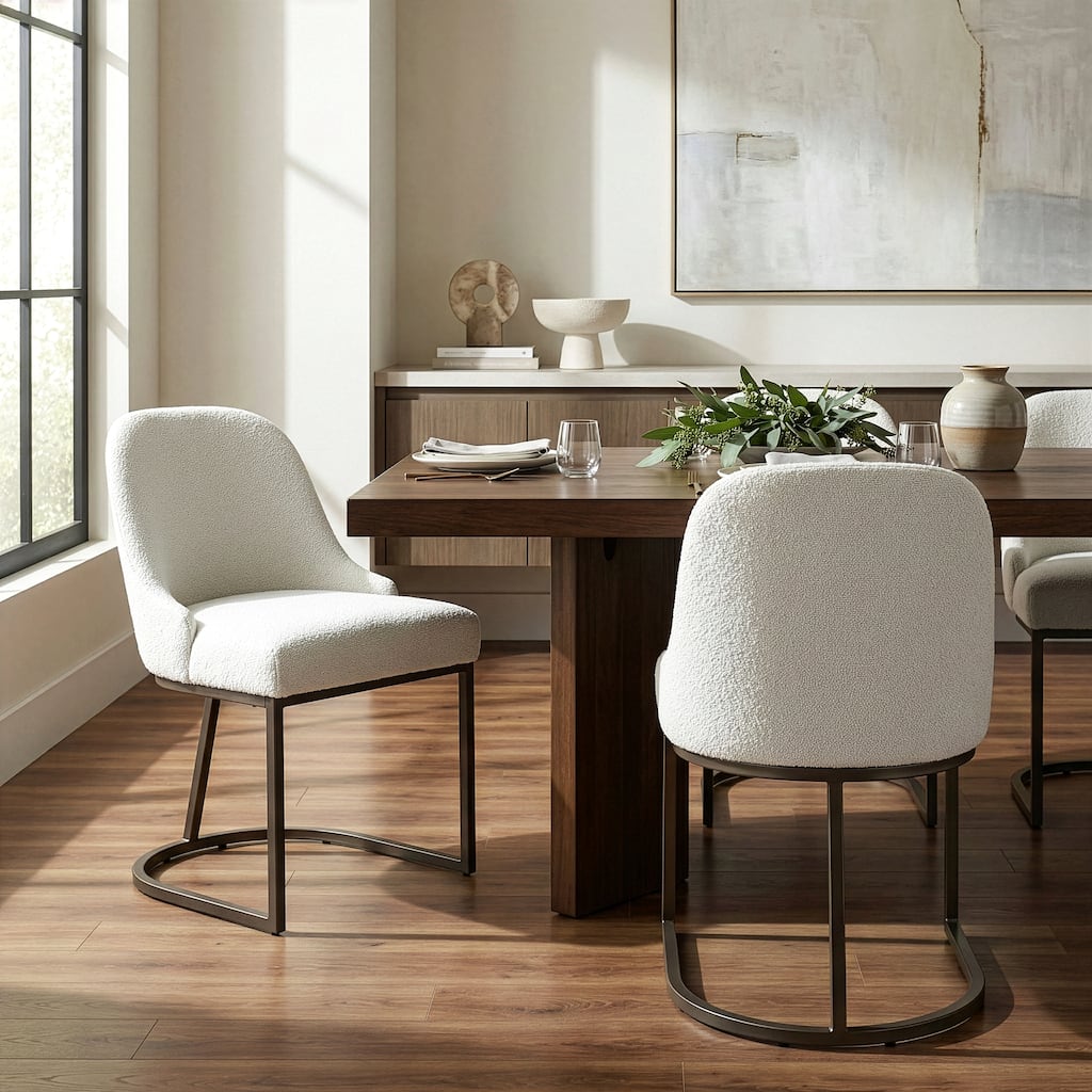 Set of 2 Ayane White Boucle Dining Chair with Iron Legs