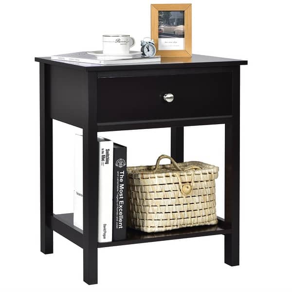 slide 2 of 10, Costway Nightstand with Drawer Storage Shelf Wooden Bedside Sofa Side Black