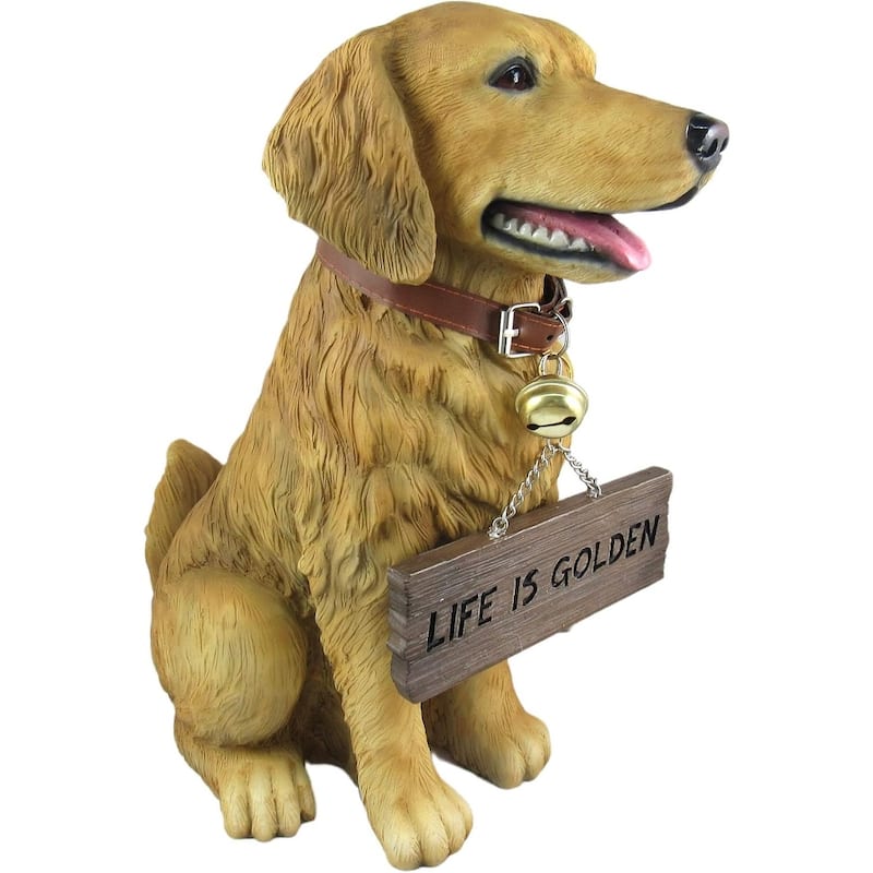 12.75 Inch Tall Golden Retriever Dog Statue With Reversible Sign - 12.75 X 11.75 X 6.75 inches