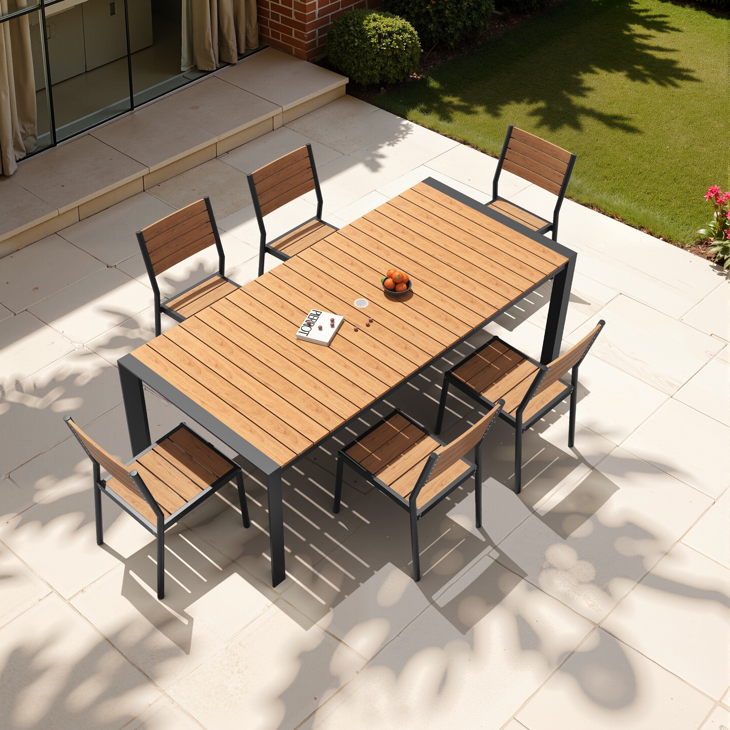 7-Piece Outdoor Patio Dining Set Wood Like Table Top Aluminum Rectangular Umbrella Hole Table with Stackable Dining Chairs