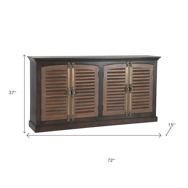 HomeRoots 72" Dark Brown Solid Wood Shutter Style Sideboard with Four Doors - 72.00 in. x 37.00 in. x 15.00 in.