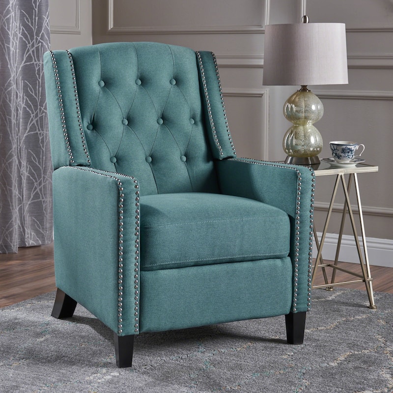 Pushback Recliner Chair, Fabric Armchair Push Back Recliner with Rivet Trim, Mid Century Tufting Accent Chair for Living Room - Teal