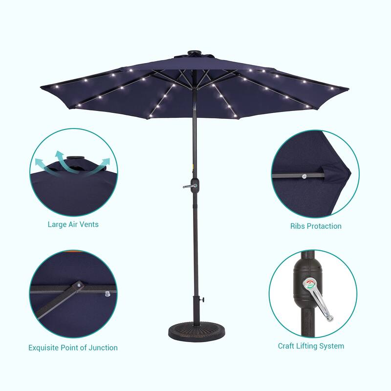 BONOSUKI 9ft Patio Solar Umbrella LED Patio Market Steel Tilt w/Crank