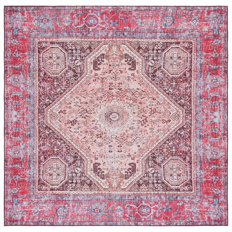 SAFAVIEH Tucson Machine Washable Slip Resistant Edmonia Traditional Rug - 6' Square - Beige/Red