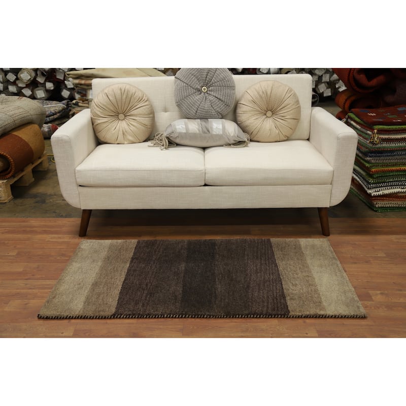 Hand Knotted Oriental 100% Wool Carpet Modern Stripe Brown Gabbeh Runner Rug - 4' 8'' X 2' 5''
