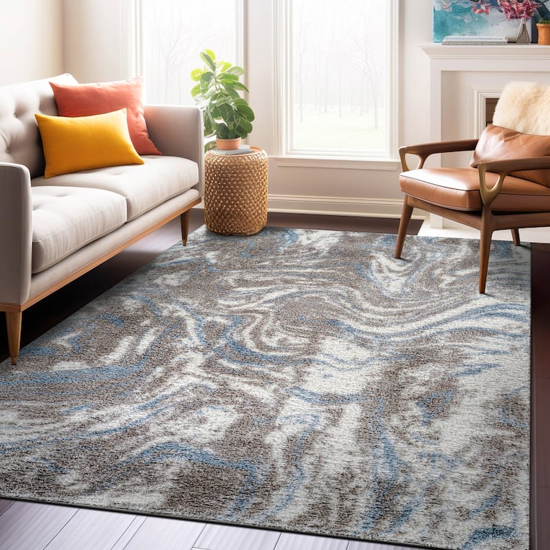 Abstract Marble Shag Rug - Anthracite Dark Gray - Plush Medium Pile, Durable with Jute Backing - Blue - 5' x 7'