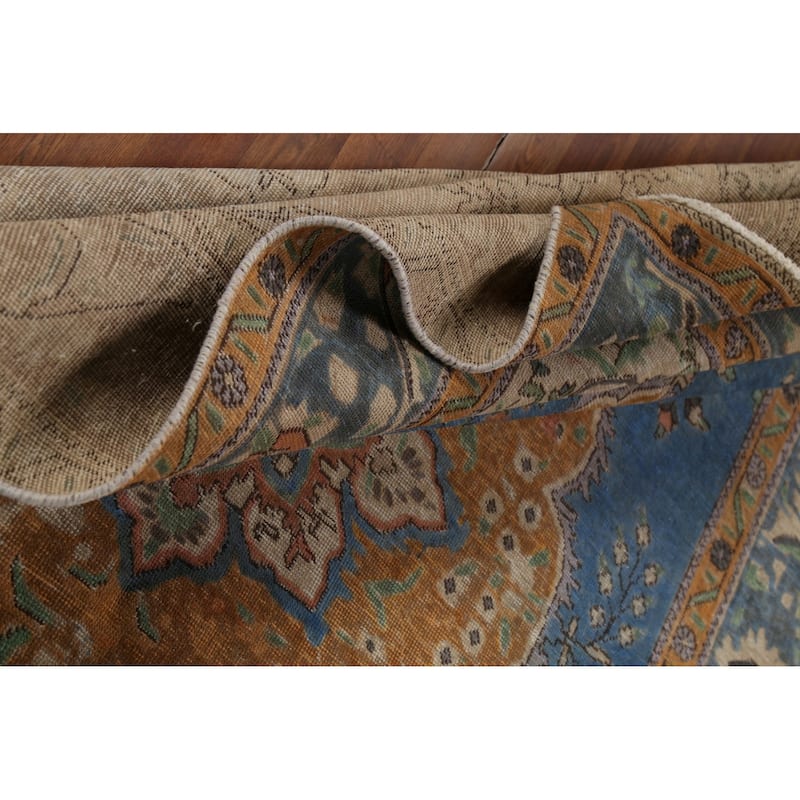 Blue Tabriz Persian Vintage Rug Hand-Knotted Oriental Wool Carpet - 6'5"x 9'5"
