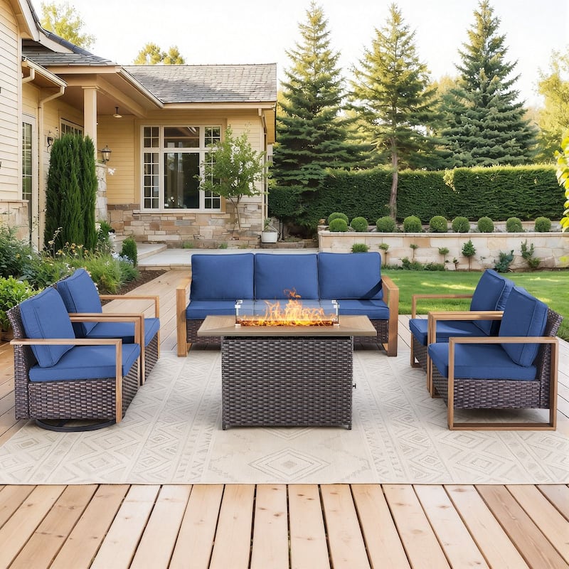 Meyreso Wicker Outdoor Patio Fire Pit Set with Swivel Gliders and Olefin Cushions