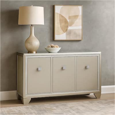 Sideboard Cabinet, Mirrored Top, 54 Inch, Adjustable Shelves, Silver
