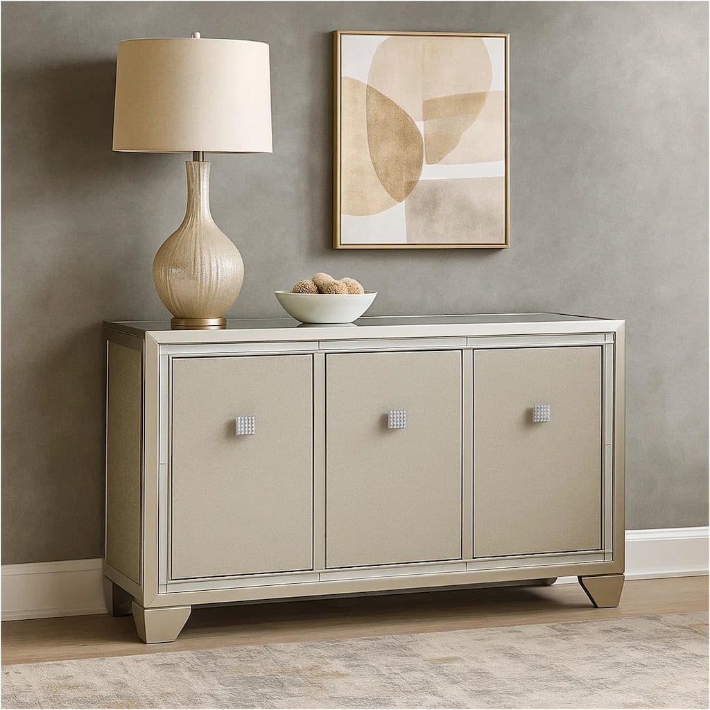 Sideboard Cabinet, Mirrored Top, 54 Inch, Adjustable Shelves, Silver