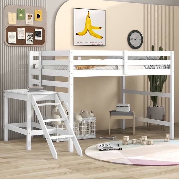 slide 2 of 7, White Full Size Pine Wood Loft Bed with Platform & Ladder, Safety Rails, Easy Assembly White