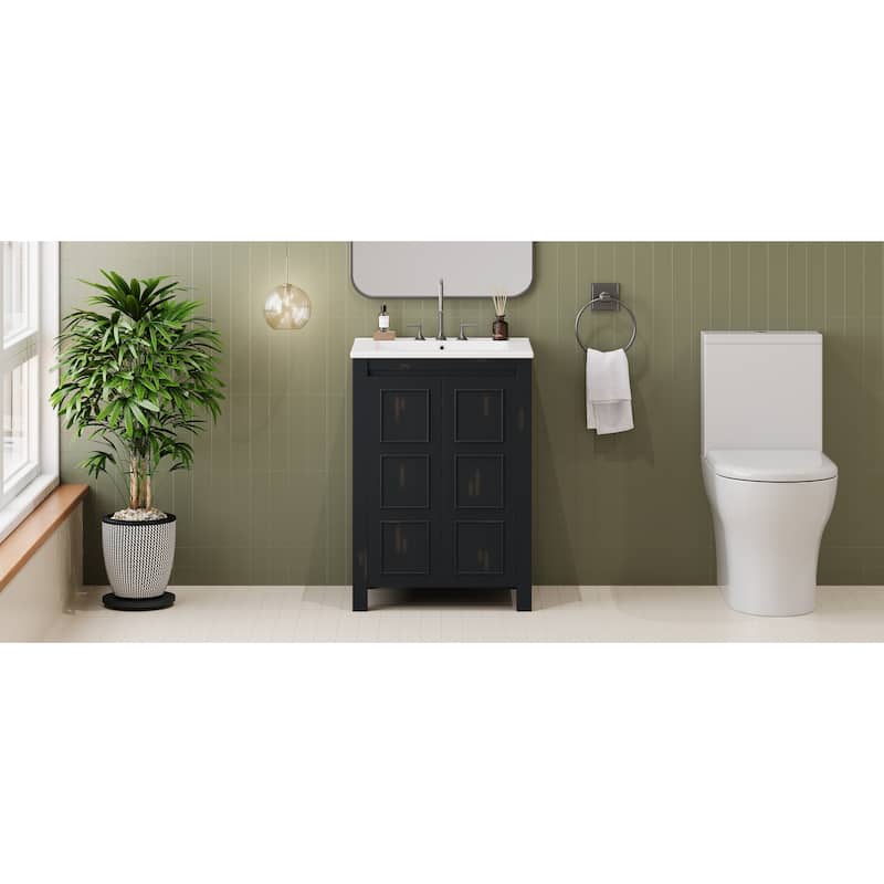 24" Small Bathroom Vanity with Ceramic Sink, Solid Wood Frame Bathroom Storage Cabinet