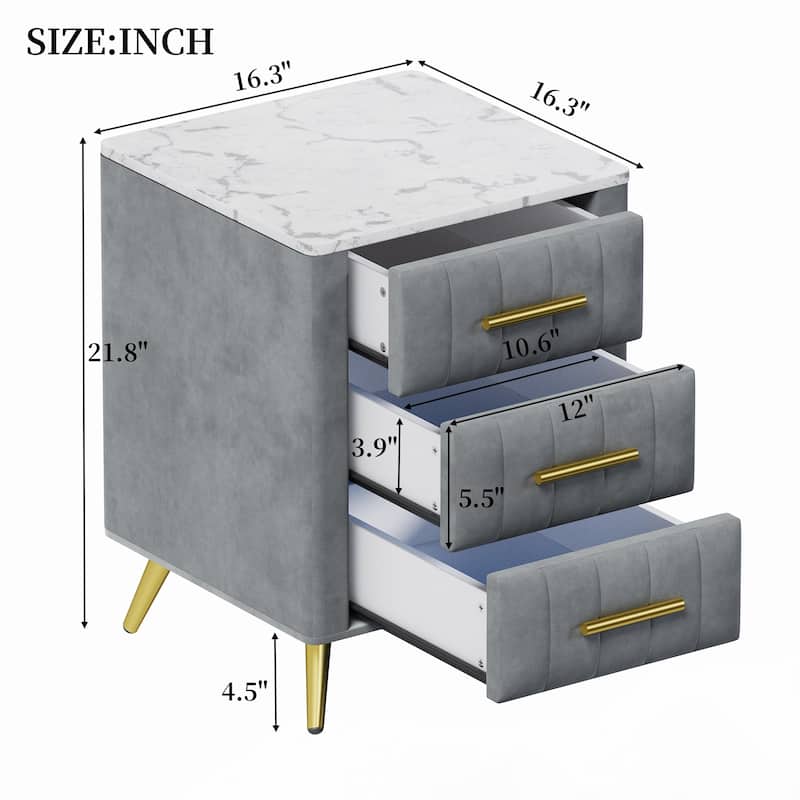 Upholstered Wooden Nightstand with 3 Drawers,Grey