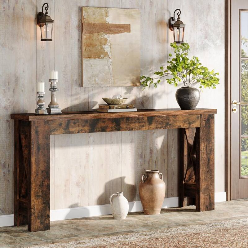 71-Inch Brown MDF Extra Long Console Table, Farmhouse Entryway Table for Living Room - Brown