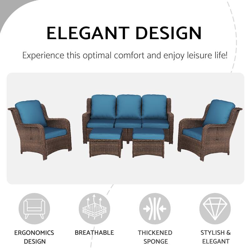 5 Piece Rattan Outdoor Patio Conversation Set, All Weather Hand Woven Wicker Sectional Sofa Set with Removable Cushions