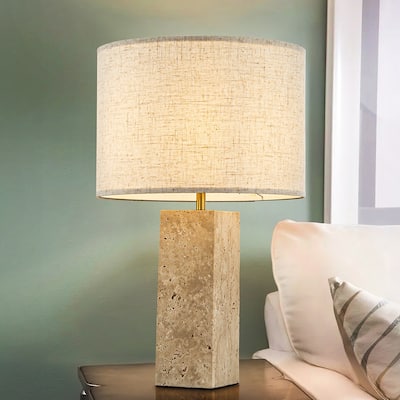 1-Light 22'' Modern Coastal Natural Rectangular Travetine Table Lamp With Beige Linen Shade For Bedroom and Living Room - W14''