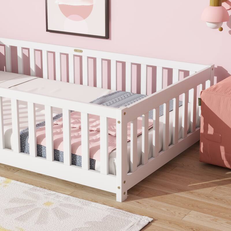 Rubber Wood Twin Size Floor Bed with Fence without Door