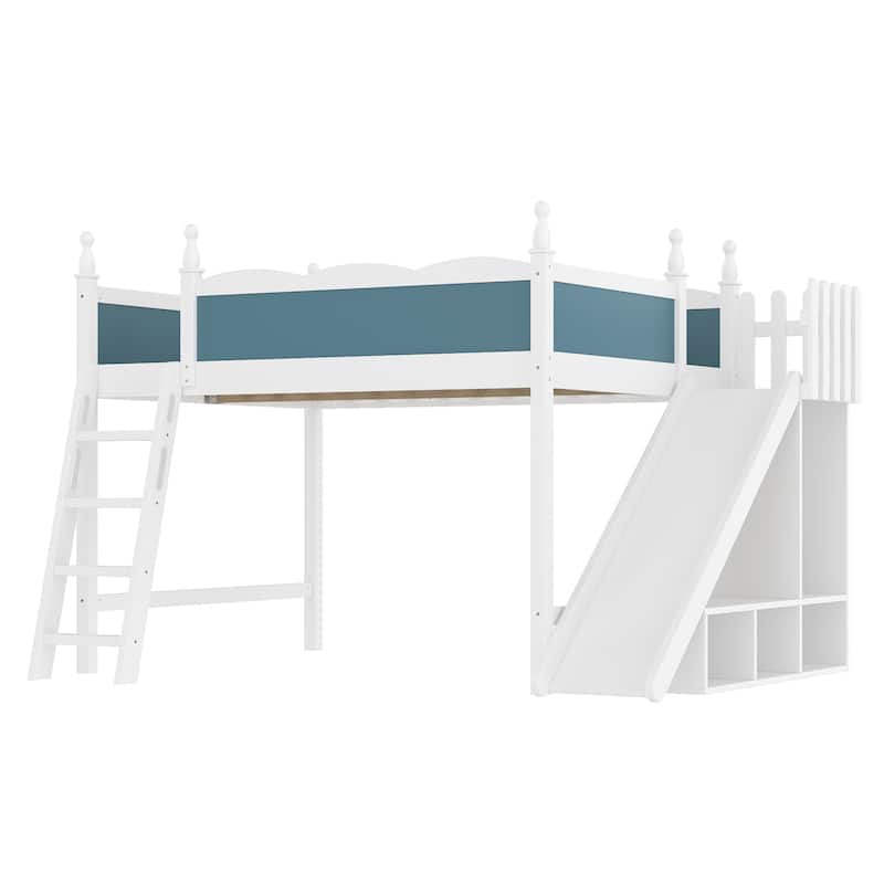 Queen Loft Bed with Storage Shelves and Wardrobe, Solid Wood Loft Beds with Detachable Slide and Ladders, No Spring Box Needed