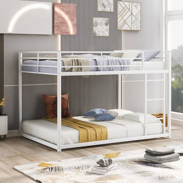slide 2 of 11, Modern Simple Style Full over Full Bunk Bed with Build-In Ladder,Metal Low Bunk Bed with Safety Guaranteed White