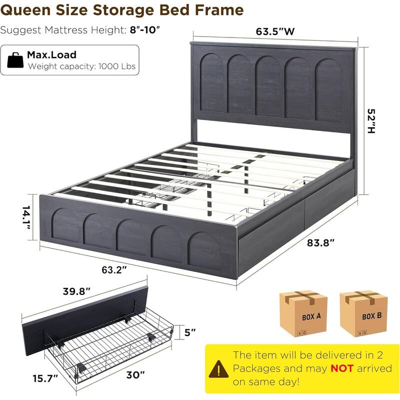 Modern Queen Size Bed Frame, 52" Tall Arched Recessed Headboard