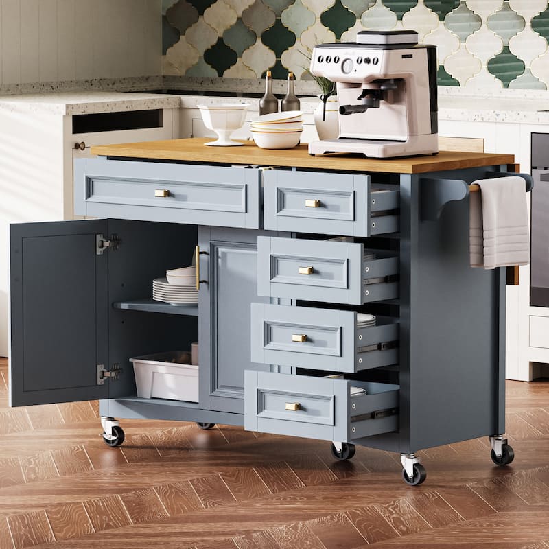 Rolling Kitchen Island with Drop Leaf, Kitchen Storage Cart with Spice Rack, Fold Dining Table with Adjustable Shelf