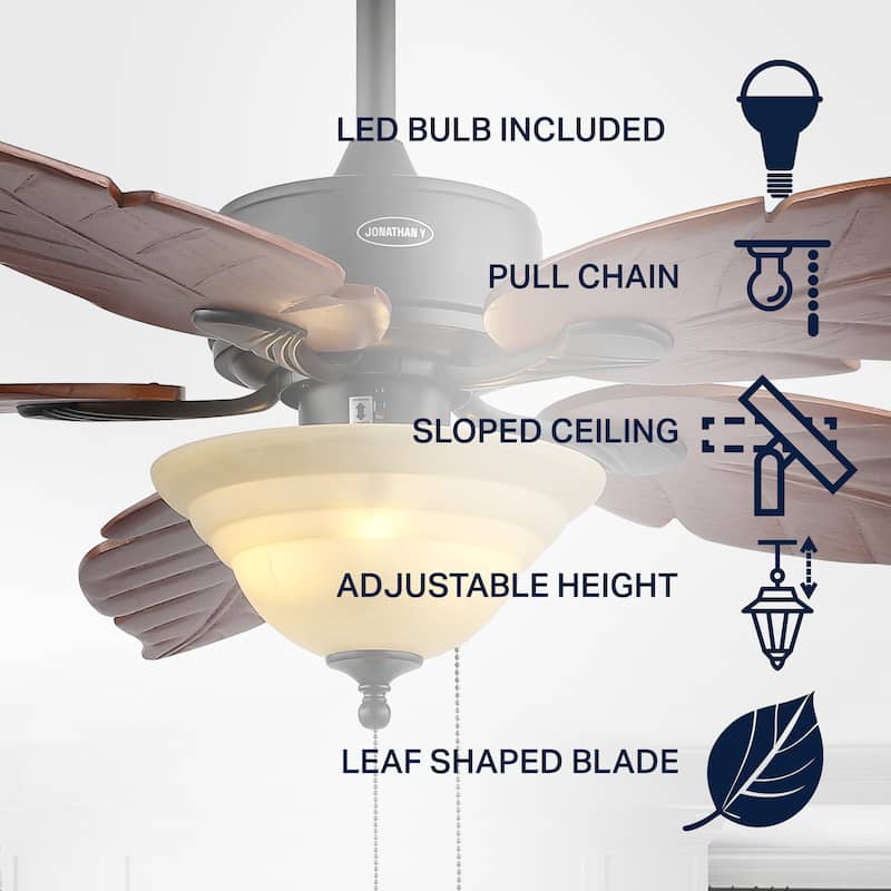 Owen 52" 3-Light Coastal Bohemian Iron/Wood Palm Leaf LED Ceiling Fan with Pull Chain, by JONATHAN Y