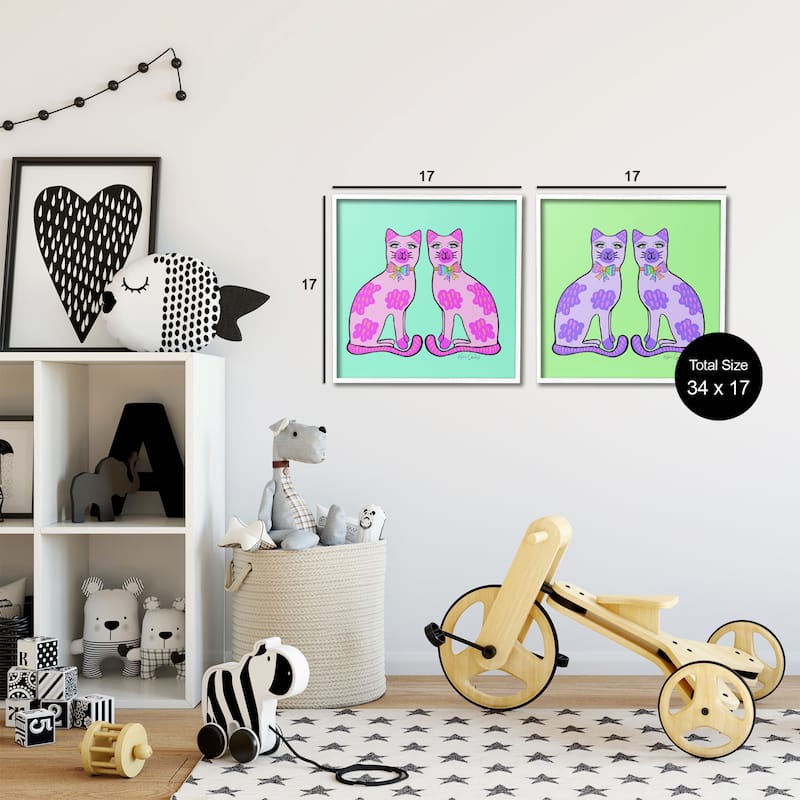 Stupell Bright Purple Cat Pairs Framed Giclee Art Design By Katie Conley (Set of 2)