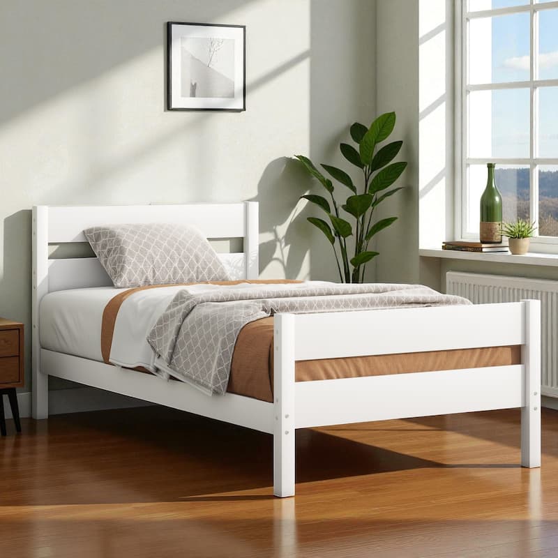 Twin Bed with Headboard and Footboard, Solid Rubber Wood Frame with Under-Bed Storage and Durable Slat Support - White - Twin