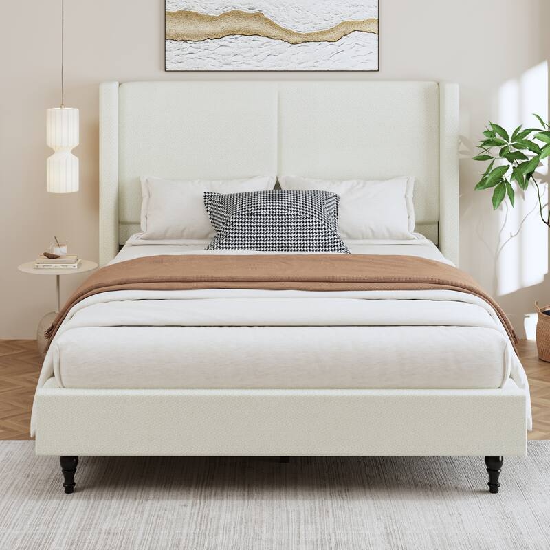 GDFStudio - Jinie 55.5" High Back Upholstered Headboard Bed Frame with Slat Support and Wooden Feet