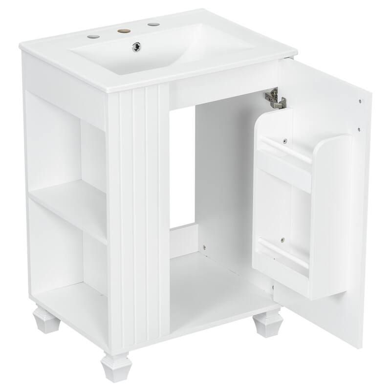 Anmytek 24 Inch Bathroom Vanity Cabinet with Sink Side Open Storage Door Shelf Solid Wood Frame Soft Closing Door White