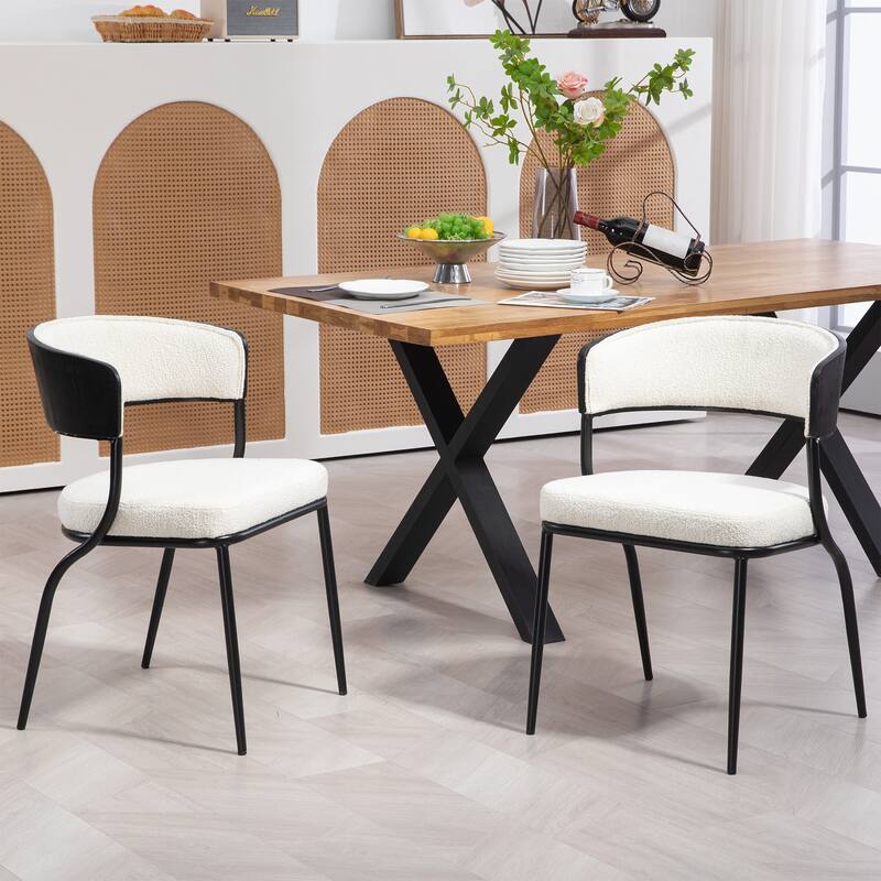 Set of 2 Bayle White Boucle Fabric Dining Chair and Black Iron Legs