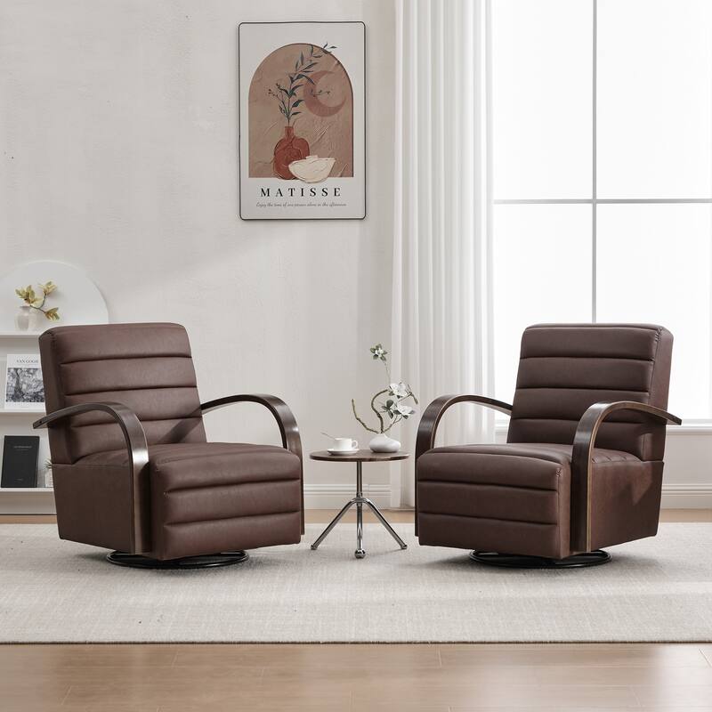 30.3"W Upholstered Swivel Accent Chair with Solid Wood Armrests, Channel Tufted Lounge Chair Single Reading Sofa Chair