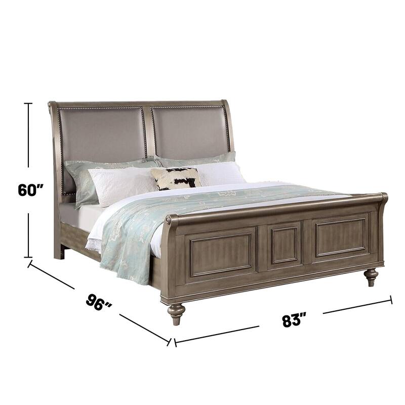 Wooden Bed with Upholstered Headboard in Antique Silver