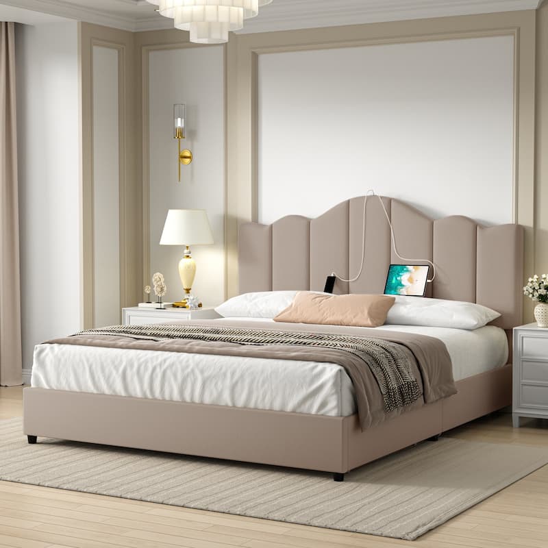 VECELO Platform Bed Frame with Type-C & USB Charging Stations Upholstered Adjustable Headboard Strong Wooden Slats Support - Beige - Full