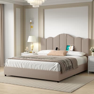 VECELO Platform Bed Frame with Type-C & USB Charging Stations Upholstered Adjustable Headboard Strong Wooden Slats Support