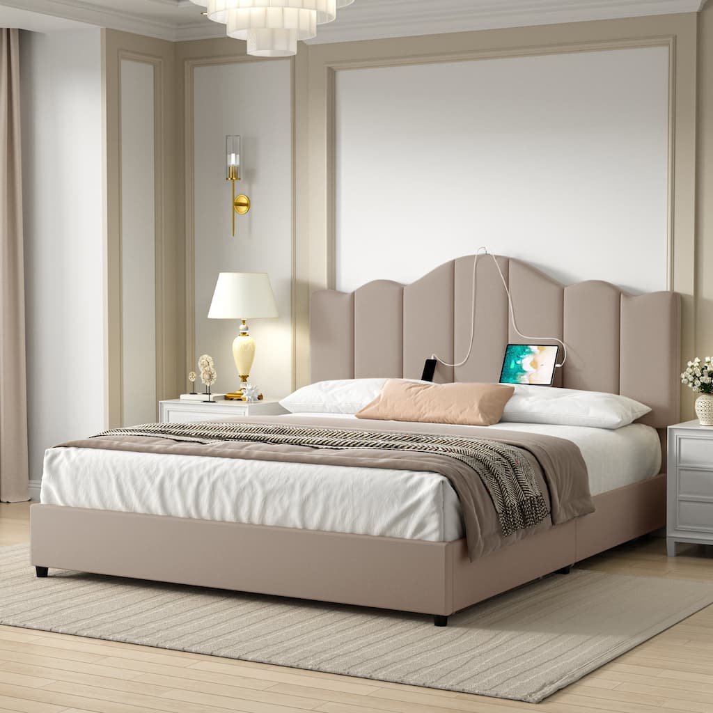 VECELO Platform Bed Frame with Type-C & USB Charging Stations Upholstered Adjustable Headboard Strong Wooden Slats Support