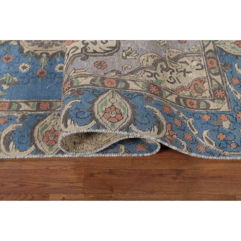 Distressed Blue Tabriz Persian Vintage Rug Hand-Knotted Wool Carpet - 6'10"x 10'8"