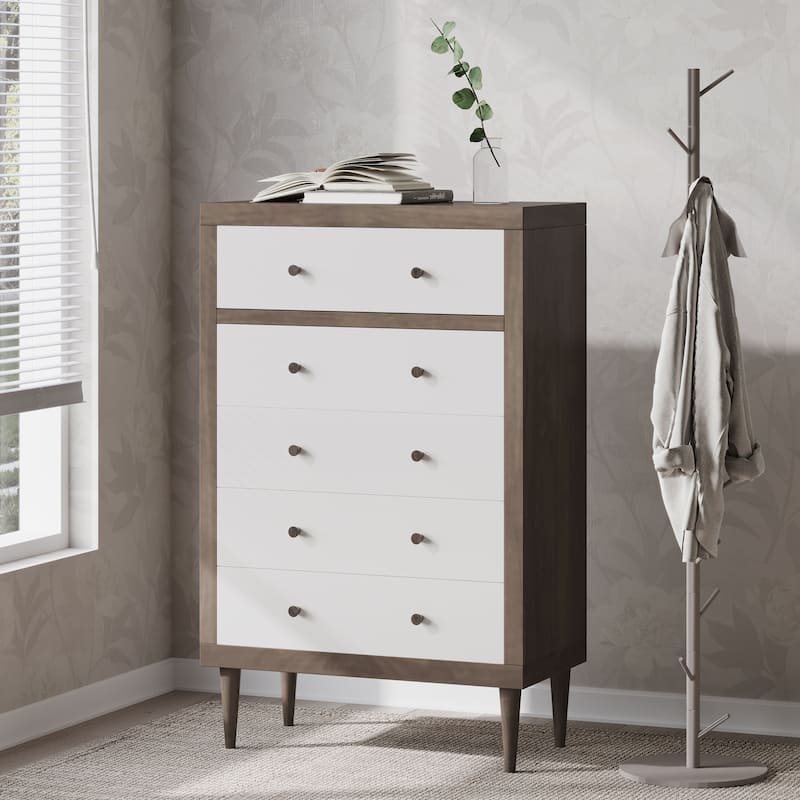 Nystrom Mid Century Modern 5 Drawer Dresser by Christopher Knight Home - Walnut + White